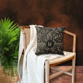 Elegant svart silver blommig monogram kudde