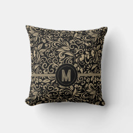 Elegant svart silver blomster monogram kudde