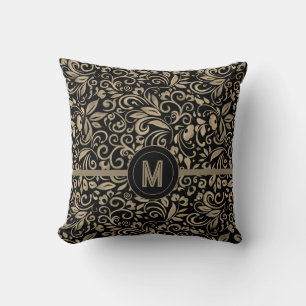 Elegant svart silver blomster monogram kudde