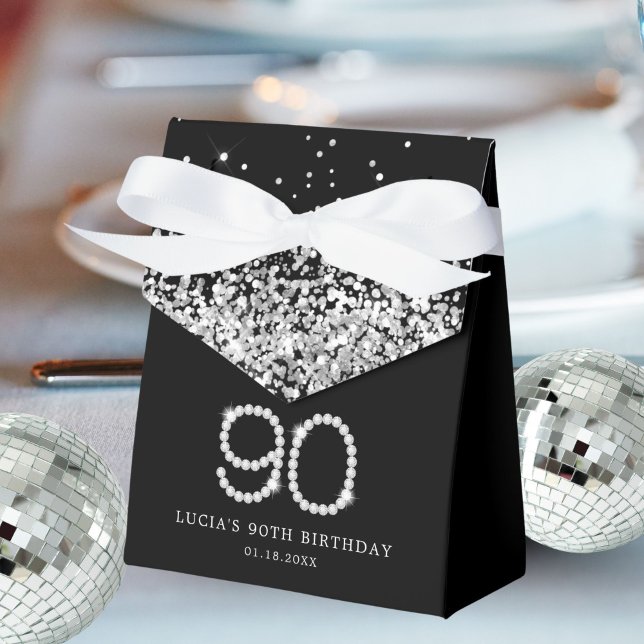Elegant svart silver diamanter 90-årsdag presentaskar (Diamonds 90th Birthday Favor Boxes)