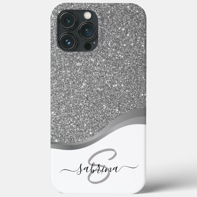 Elegant Svart Silver Glitter Monogram Namn Klassig (Baksida)