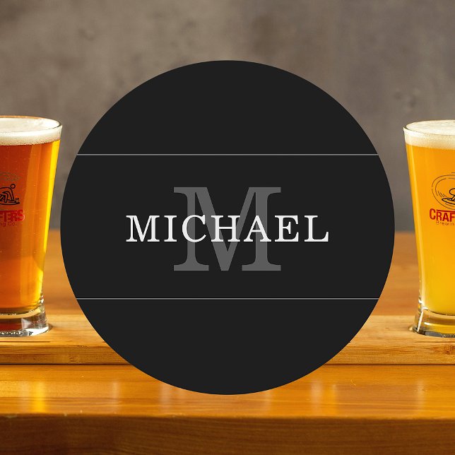 Elegant svart silver monogramnamn Personlig Underlägg Papper Rund (Skapare uppladdad)