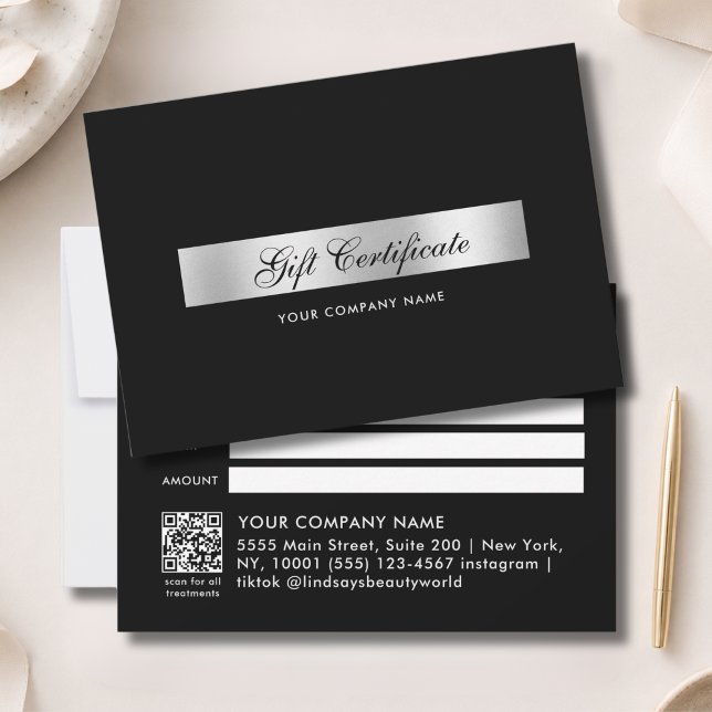 Elegant svart silver QR-kod presentbevis (Elegant Black Silver QR Code Gift Certficate)