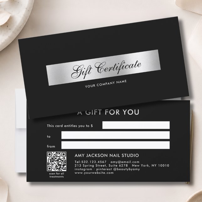 Elegant svart silver QR-kod presentcertifikat (Elegant Black Silver QR Code Gift Certificate)