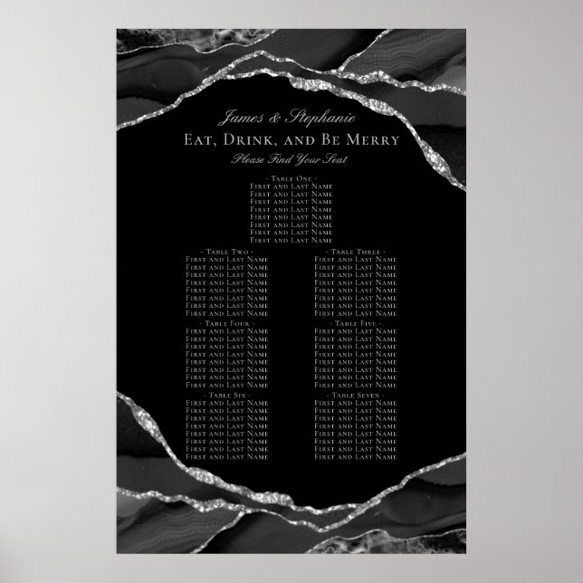 Elegant svart silveragat vigselplan poster (Framsidan)