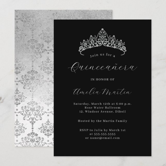 Elegant svart silverdamast tiara Quinceanera  Inbjudningar (Fram/baksida)