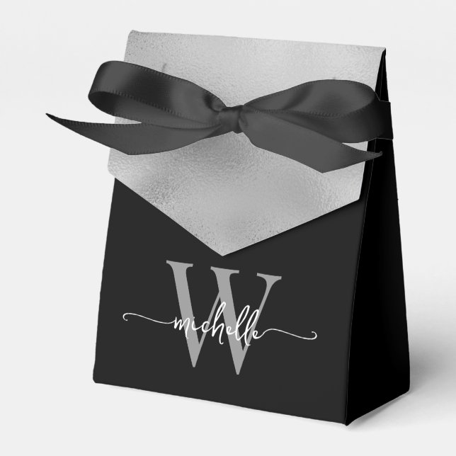 Elegant svart silverfolie monogram namn skrift presentaskar (Framsidan Sidan)