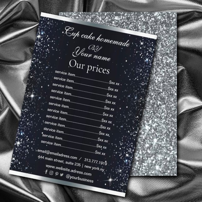 Elegant svart silverglitter lista flygblad (A chic black background, decorated with faux silver glitter, sparkles. #pricelist #glittersilver)