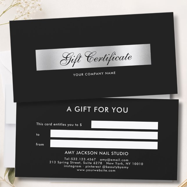 Elegant svart silverrand presentkort (Elegant Black Silver Stripe Gift Certificate)
