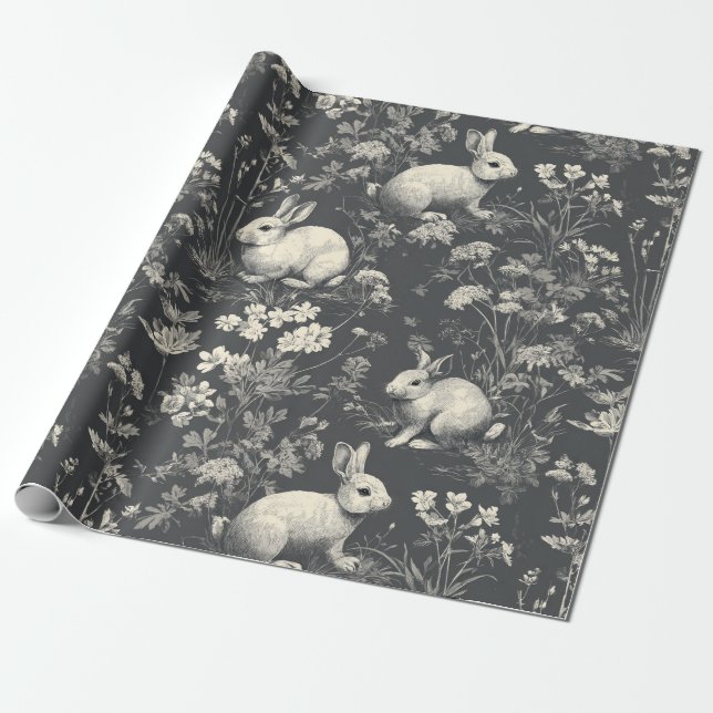 Elegant svart skogskanin Toile-mönster Presentpapper (Utrullad)