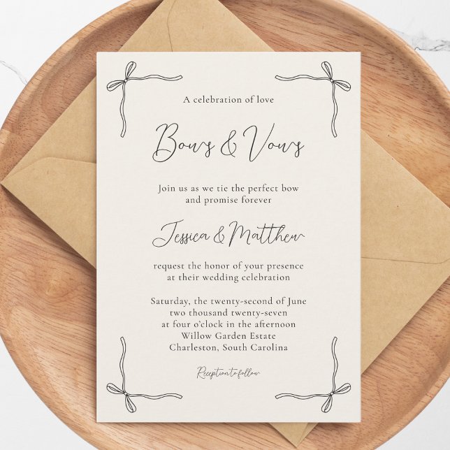 Elegant Svart Skrift Enkel Kokett Båge Bröllop I Inbjudningar (Elegant Black Script Simple Coquette Bow Wedding I Invitation)