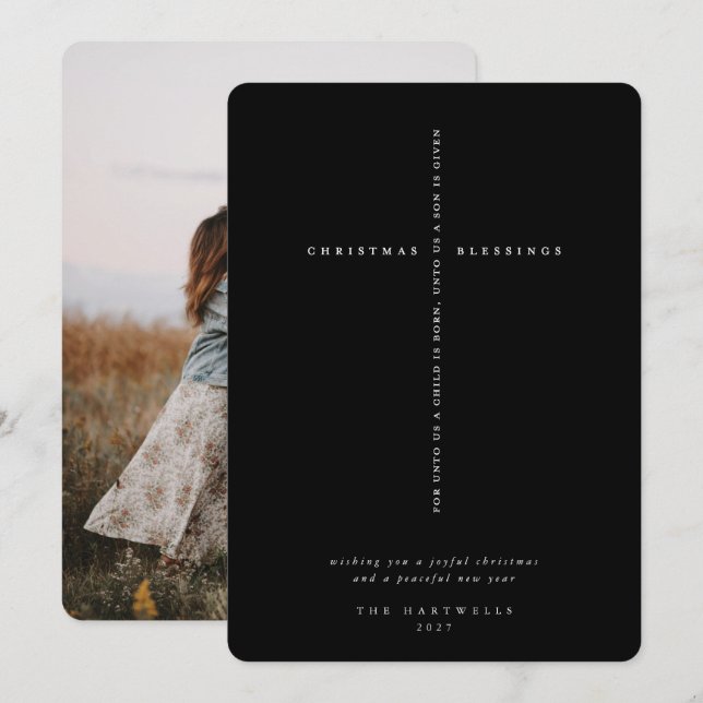 Elegant svart skriftkors foto julkort (Fram/baksida)