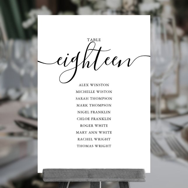 Elegant svart skript Bordnummer 18 sittplatskarta Inbjudningar (Elegant Black Script Table Number 18 Seating Chart)