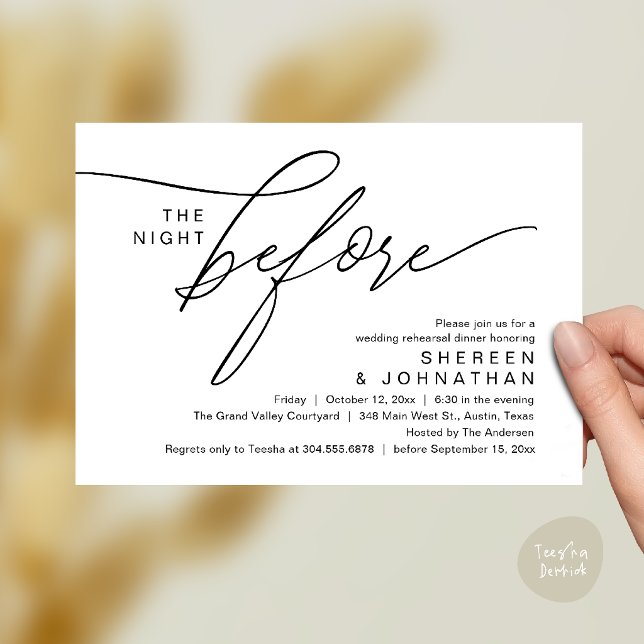 Elegant svart skript Bröllopsrepetition Middag Inbjudningar (Elegant Script Wedding Rehearsal Dinner Invitation Card in Black and White)