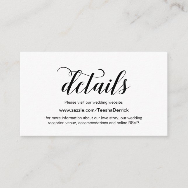 Elegant svart skript, Bröllopswebbplats Detaljer Tilläggskort (Framsida)
