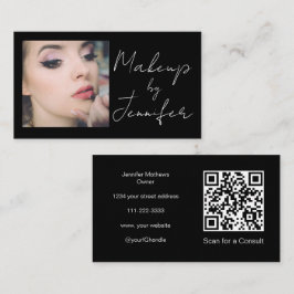 Elegant Svart skript QR-kod Foto Makeup Visitkort