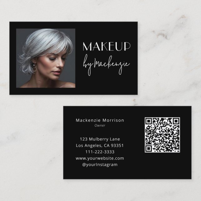 Elegant svart skript QR-kod foto smink Visitkort (Fram/baksida)