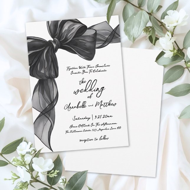 Elegant svart slinga Whimsical bröllop Inbjudningar (Elegant Black Bow Whimsical Wedding Invitation)