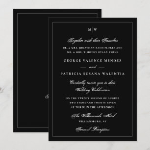 Elegant svart slips monogram QR-kod bröllop Inbjudningar
