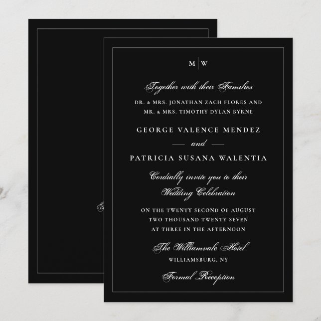 Elegant svart slips monogram QR-kod bröllop Inbjudningar (Fram/baksida)