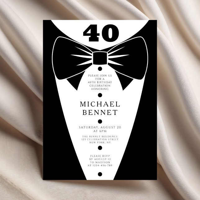 Elegant svart smoking 40-årsdag inbjudningar (Elegant Black Tuxedo 40th Birthday Invitation.
)