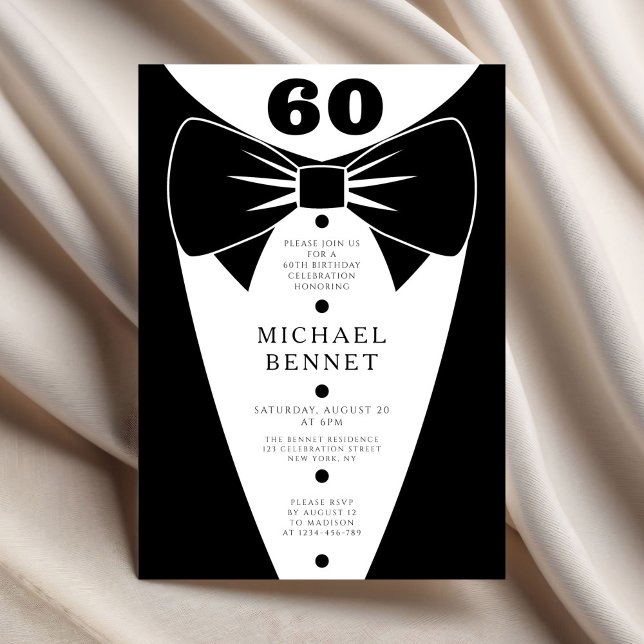Elegant svart smoking 60-årsdag inbjudningar (Elegant Black Tuxedo 60th Birthday Invitation)