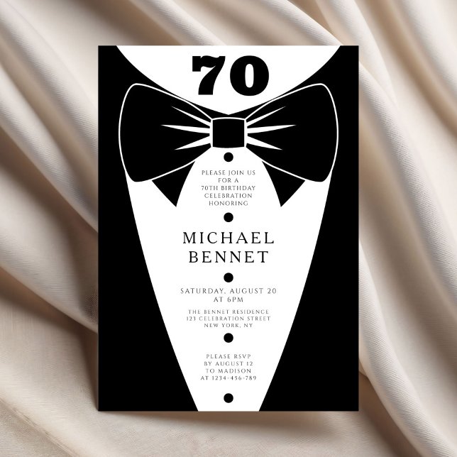 Elegant svart smoking 70-årsdag inbjudningar (Elegant Black Tuxedo 70th Birthday Invitation
)