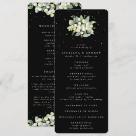 Elegant svart snöbär + eukalyptus bröllopsbukett program