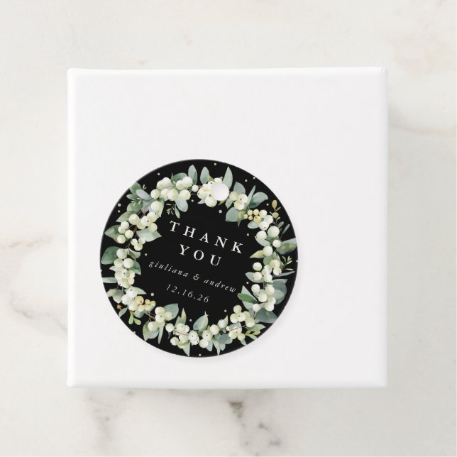 Elegant svart snöbär + eukalyptus krans bröllop gåvor etiketter (På plats)