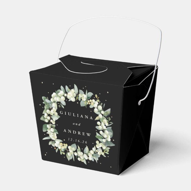 Elegant svart snöbär + eukalyptus vinterbröllop presentaskar (Framsidan Sidan)