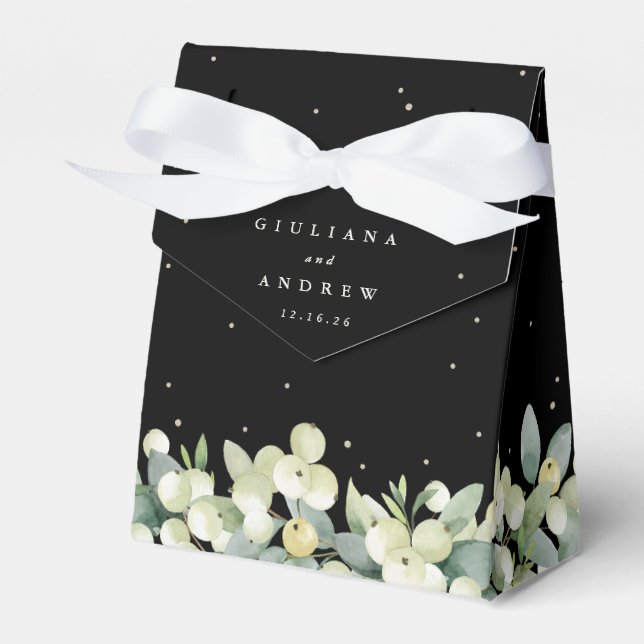 Elegant svart snöbär + eukalyptus vinterbröllop presentaskar (Framsidan Sidan)