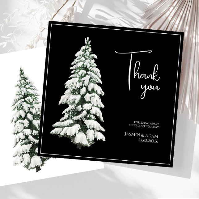 Elegant svart snöig julgran bröllop tack kort (Winter Black and White Snowy Pine Tree Wedding Thank You Card)