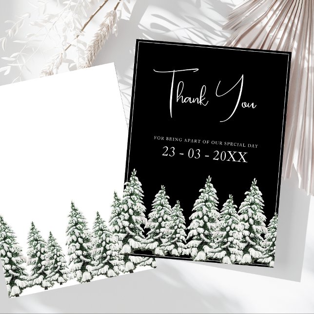 Elegant Svart Snöig Tall Bröllop Tack Kort (Winter Black and White Snowy Pine Trees Wedding Thank You Card)
