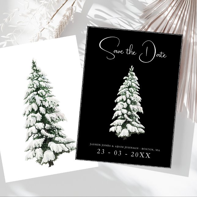 Elegant svart snöig tallbröllop spara datumet (Winter Black and White Snowy Pine Tree Wedding Save The Date)
