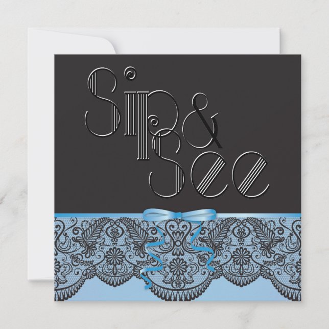 Elegant svart spets och blå drick och titta-inbjud inbjudningar (Framsida)