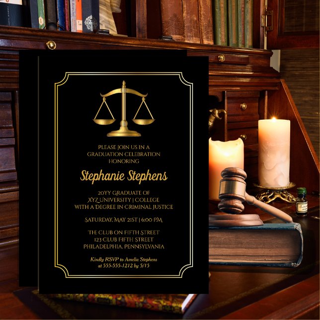 Elegant svart | Studentfest för Guld advokat Inbjudningar (Elegant Black and Gold Tone Scales Law Lawyer | Attorney Graduation Party Invitation)