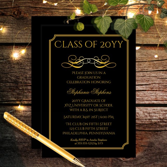 Elegant svart | STUDENTFESTEN GULD UNIVERSITETEN Inbjudningar (Elegant Black and Gold Tone University Graduation Party Invitation for Print and/or Download)