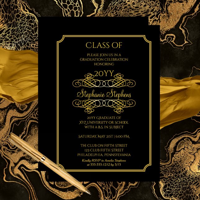 Elegant svart | STUDENTFESTEN GULD UNIVERSITETEN Inbjudningar (Elegant Scrollwork Black and Gold Tone College | University Graduation Announcement Party Invitation)