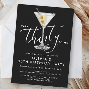 Elegant svart ”Talk Thirty to Me” Martini 30-årsfi Inbjudningar