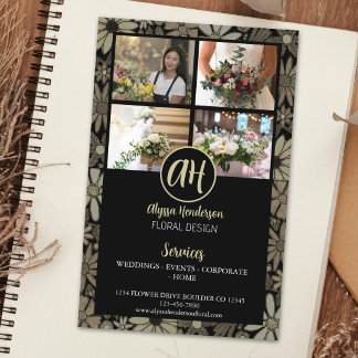 Elegant svart & tan blommig företagslogotyp 4 foto flygblad