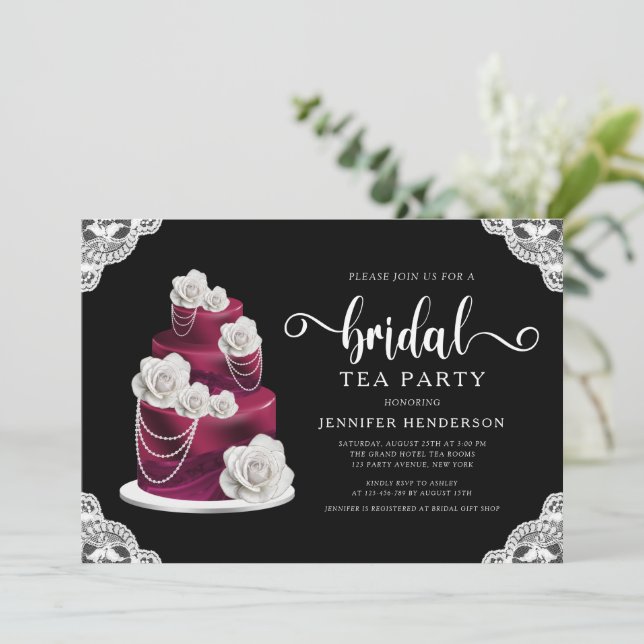 Elegant svart tårta och spets Bröllopstea Inbjudningar (Stående Fram)