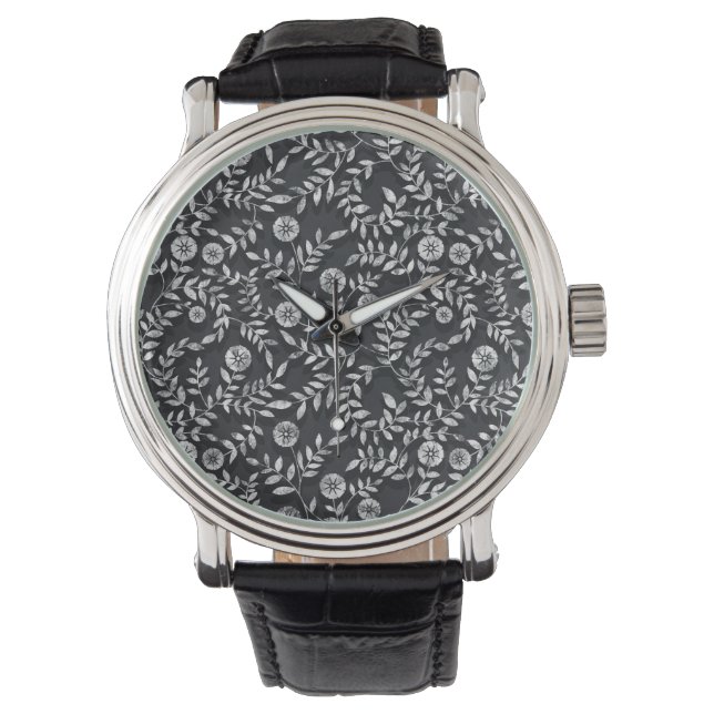 Elegant svart tavla blommönster armbandsur (Framsida)