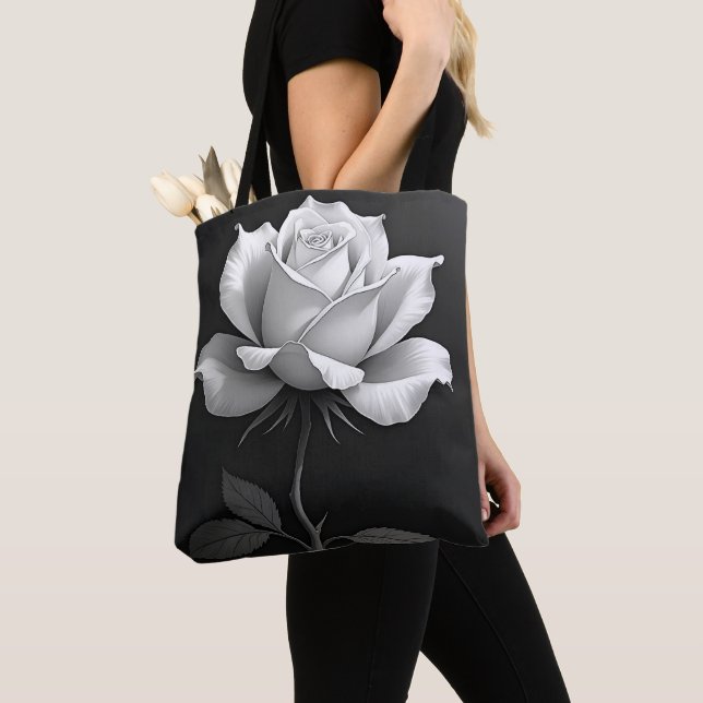 Elegant svart toteväska med vit ros tygkasse (Närbild)