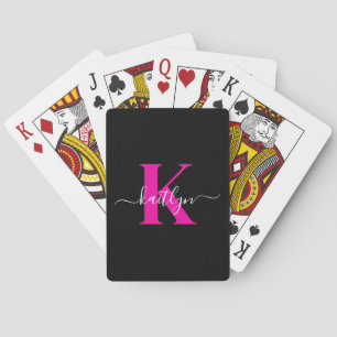 Elegant svart varmröda skrivstilmonogram casinokort