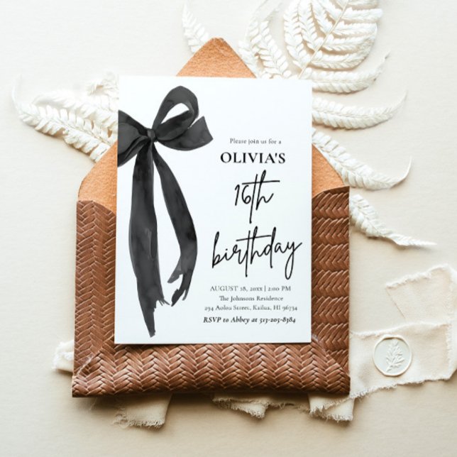 Elegant Svart vattenfärgsfält, 16:e Födelsedagsfes Inbjudningar (Watercolor Modern Elegant Coquette Black Bow Photo 16th Birthday Party Invitation)