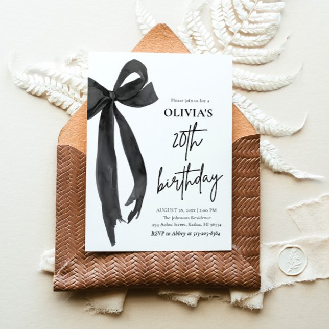 Elegant Svart vattenfärgsfält, 20:e Födelsedagsfes Inbjudningar (Watercolor Modern Elegant Coquette Black Bow Photo 20th Birthday Party Invitation)