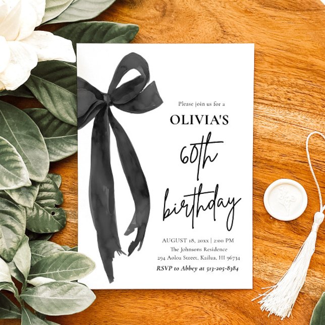 Elegant Svart vattenfärgsfält, 60:e Födelsedagsfes Inbjudningar (Watercolor Modern Elegant Coquette Black Bow Photo 60th Birthday Party Invitation)