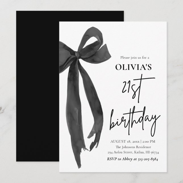 Elegant Svart vattenfärgsruta, 21:e Födelsedagsfes Inbjudningar (Fram/baksida)