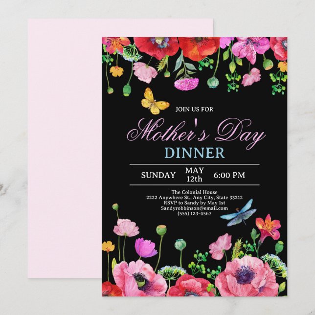 Elegant svart vildblomma chic morsdagsmiddag inbjudningar (Fram/baksida)