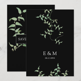 Elegant svart | Vintage Botanical Bröllop Greenery Spara Datumet